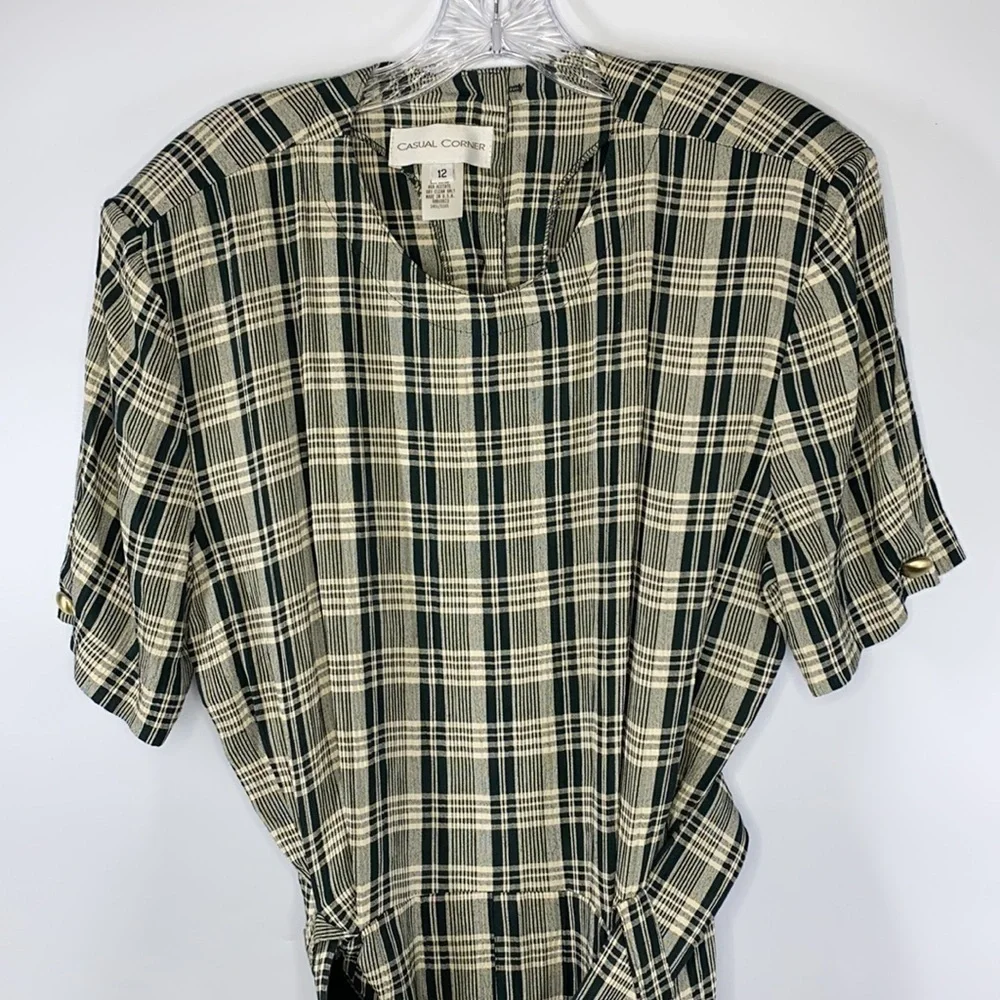 Casual Corner Vintage Green Cream Midi Scoop Neck Belted Dress